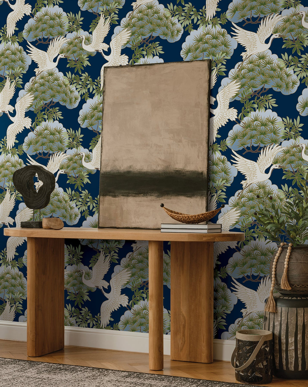 Sprig & Heron Navy Wallpaper by Ronald Redding Designer