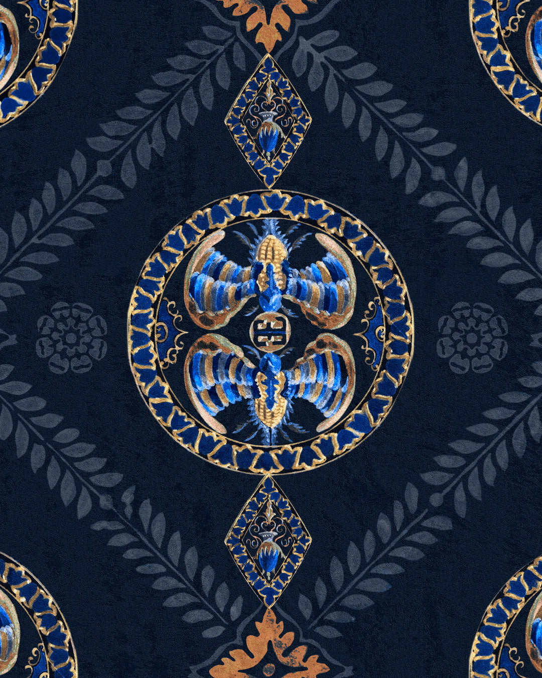 ABEILLE DECORATIF Indigo Wallpaper (WP20766) by Mind The Gap | WP20766 | ORIENT EXPRESS | 1 roll x 52x900 cm / 20.47x354.33in | 0.52m / 20.5in | 9m / 354in | 4.68sqm / 50sq ft | 52cm / 20.5in | Gold, Grey, Indigo | Non-woven Textured | Paste the wall | 1-roll in a box | Fabric Carolina | https://www.fabriccarolina.com/