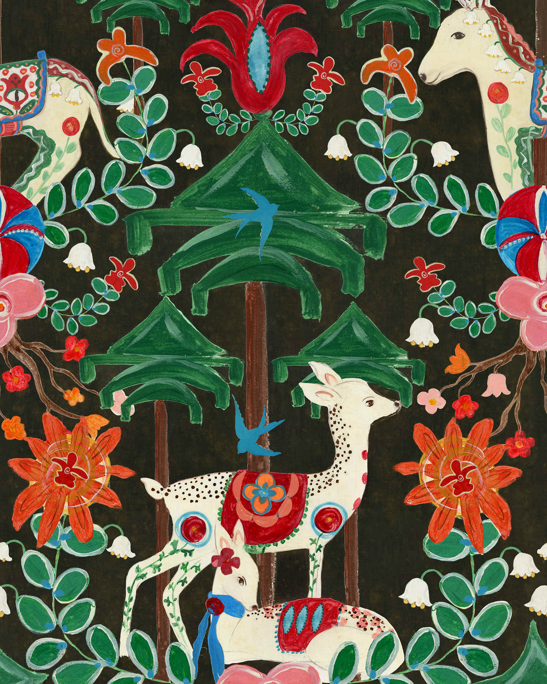 A WOODLAND TALE Anthracite Wallpaper (WP20932) by Mind The Gap | WP20932 | TRANSYLVANIAN RHAPSODY | 1 roll x 52 x 900 cm / 20.47 x 354.33 in | 0.52m / 20.5in | 9m / 354in | 4.68sqm / 50sq ft | L75cm / L29.5in | Green, Anthracite, Orange, Red | Non-woven Textured | Paste the wall | 1 roll in a box | Fabric Carolina | https://www.fabriccarolina.com/