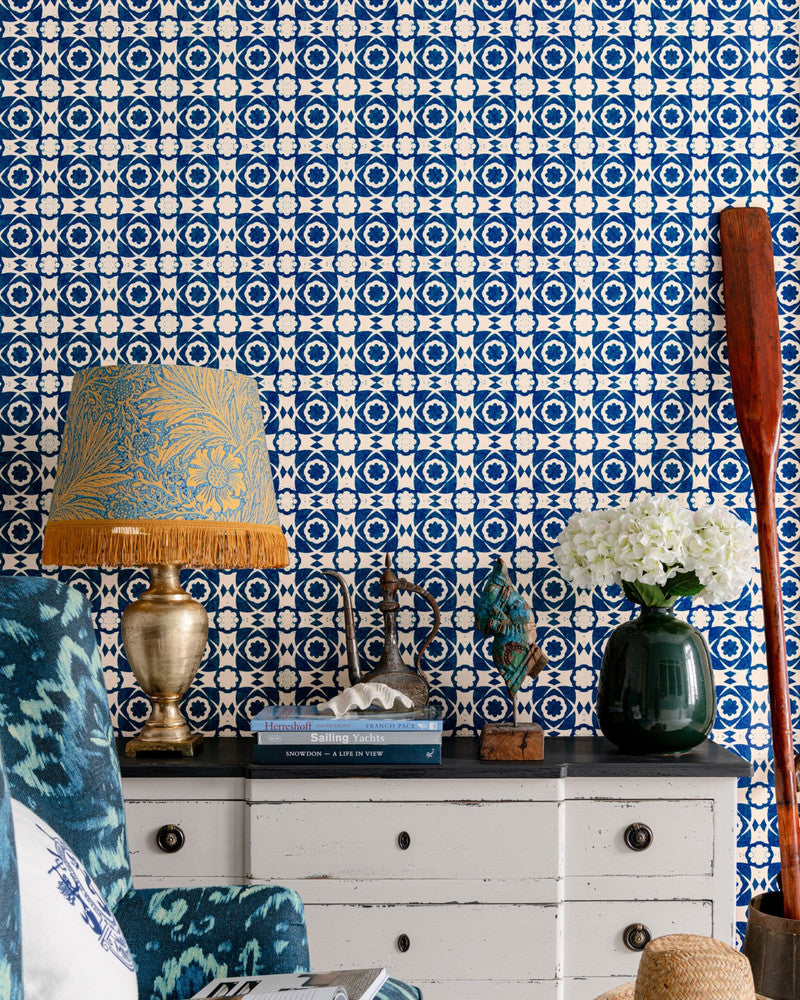 Mind The Gap Wallpaper AEGEAN TILES Indigo Wallpaper (WP30051) | WP30051 | SUNDANCE VILLA | 1 roll x 20.5 x 393.7 in | 0.52m / 20.5in | 10m / 393.7in | 5.20mp | 52cm / 20.5in | Indigo, White | Satin Matte | Paste the wall | 1-roll in a box | Fabric Carolina | https://www.fabriccarolina.com/