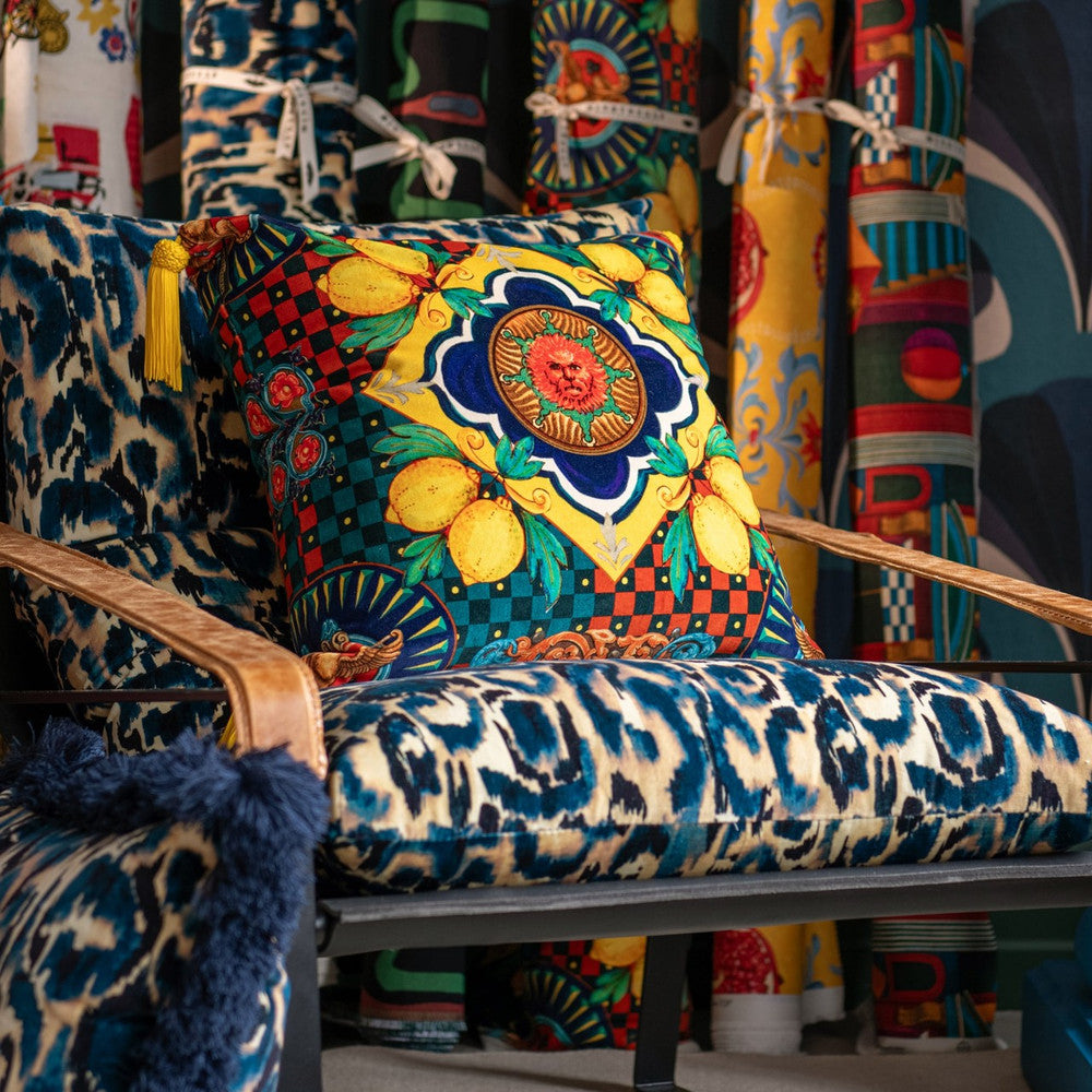 Amalfi Blue Velvet Cushion by Mind the Gap Designer Pillow LA DOLCE VITA 100% Cotton velvet Made in Romania Tasseled corners 20 x 20 in - Swanky Fabrics -