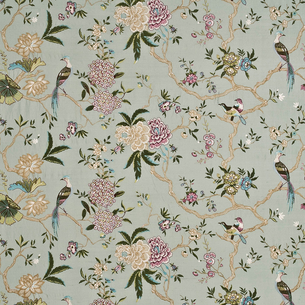 Oriental Bird Embroidery Silk Aqua/Multi by G P & J Baker Designer Fabric