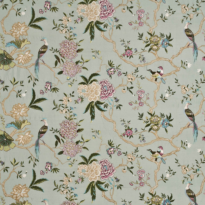 Oriental Bird Embroidery Silk Aqua/Multi by G P & J Baker Designer Fabric
