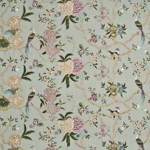 Oriental Bird Embroidery Silk Aqua/Multi by G P & J Baker Designer Fabric