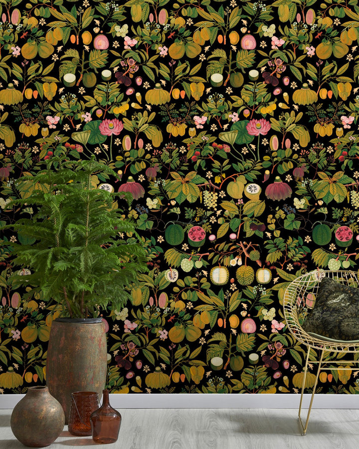 Asian Fruits And Flowers Anthracite Wallpaper by Mind the Gap Designer Wallpaper THE WALLPAPER COLLECTABLES Textured Matte Made in Europe Paste the wall 3 rolls x 20.5 x 3.25 yards - Swanky Fabrics -