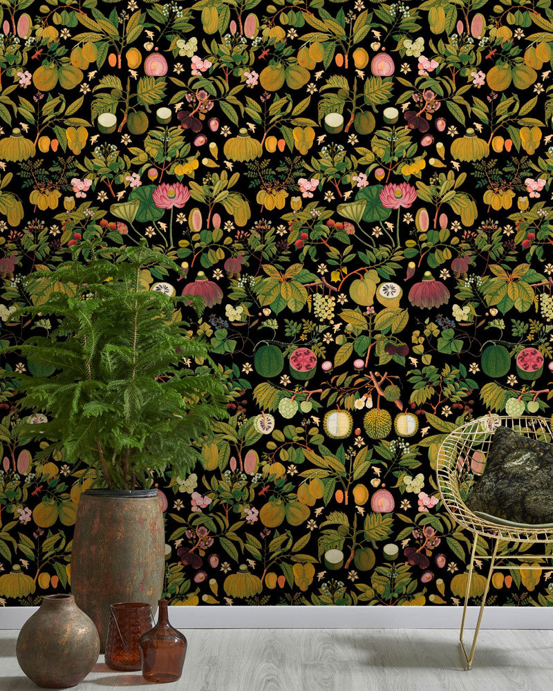 Asian Fruits And Flowers Anthracite Wallpaper by Mind the Gap Designer Wallpaper THE WALLPAPER COLLECTABLES Textured Matte Made in Europe Paste the wall 3 rolls x 20.5 x 3.25 yards - Swanky Fabrics -