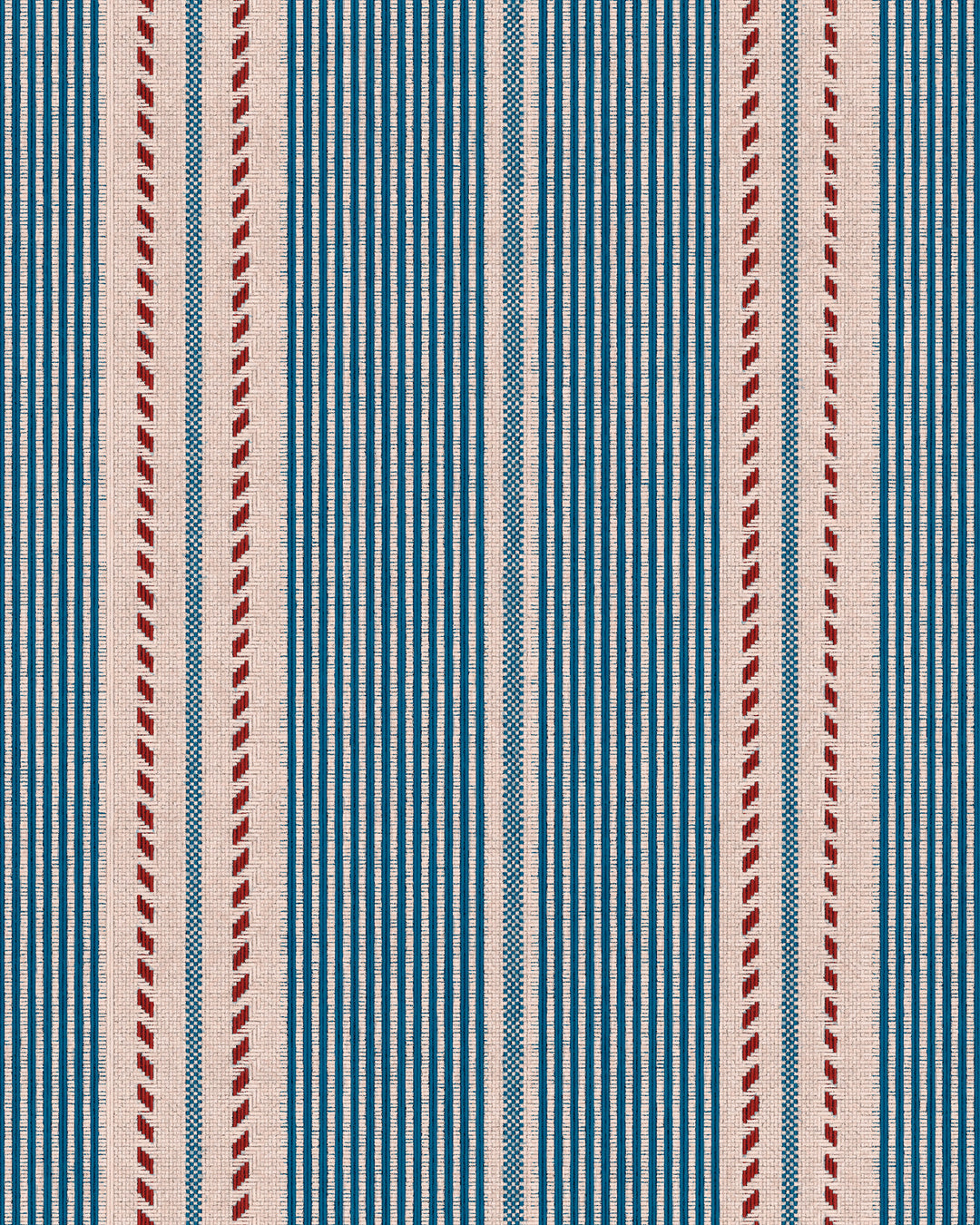 BERBER STRIPES Blue Wallpaper (WP20757) by Mind The Gap | WP20757 | TALES OF MAGHREB | 1 roll x 52x900 cm / 20.47x354.33in | 0.52m / 20.5in | 9m / 354in | 4.68sqm / 50sq ft | 52cm / 20.5in | Taupe, Blue, Red | Non-woven Textured | Paste the wall | 1-roll in a box | Fabric Carolina | https://www.fabriccarolina.com/
