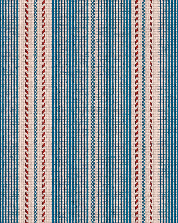BERBER STRIPES Blue Wallpaper (WP20757) by Mind The Gap | WP20757 | TALES OF MAGHREB | 1 roll x 52x900 cm / 20.47x354.33in | 0.52m / 20.5in | 9m / 354in | 4.68sqm / 50sq ft | 52cm / 20.5in | Taupe, Blue, Red | Non-woven Textured | Paste the wall | 1-roll in a box | Fabric Carolina | https://www.fabriccarolina.com/
