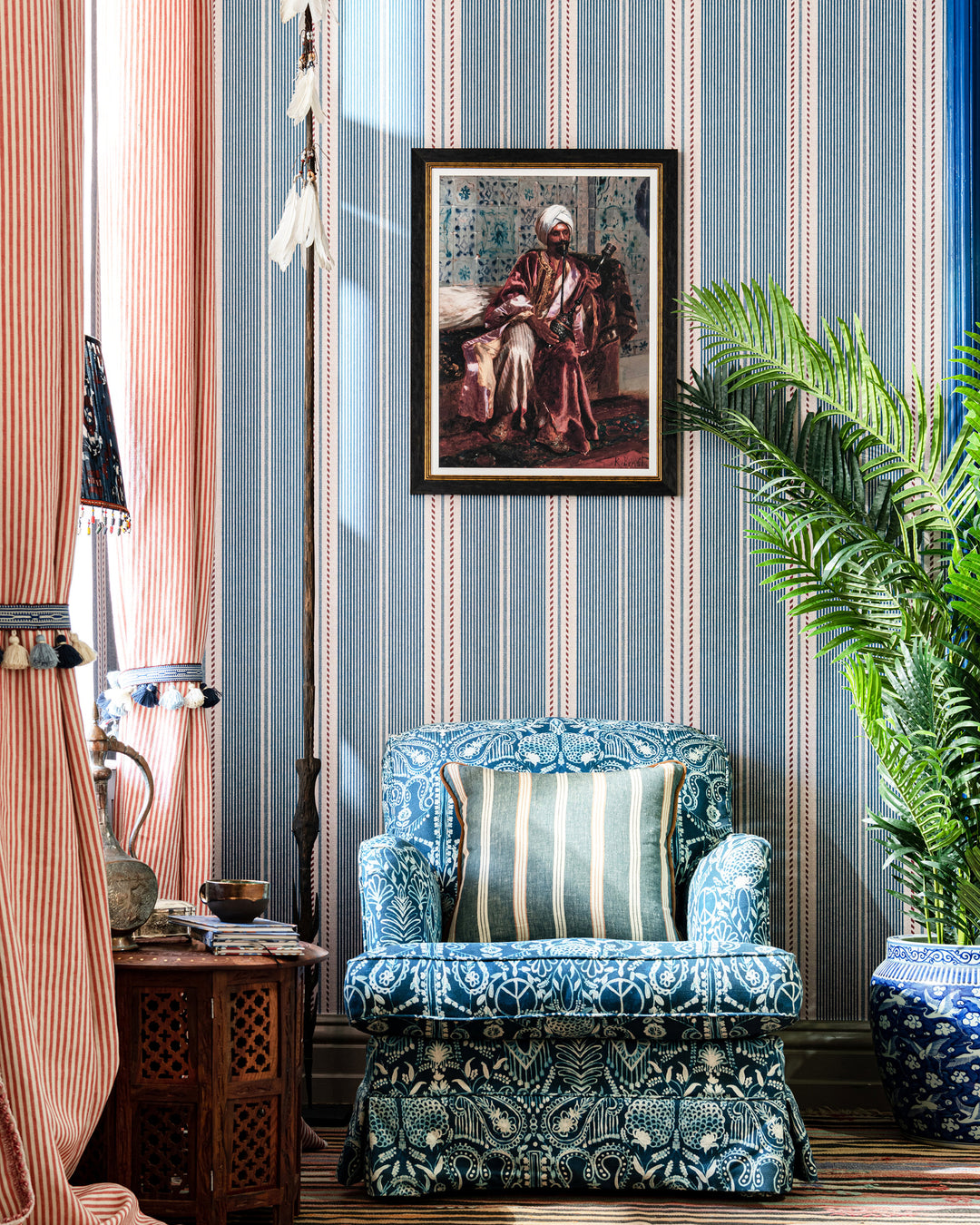 BERBER STRIPES Blue Wallpaper (WP20757) by Mind The Gap | WP20757 | TALES OF MAGHREB | 1 roll x 52x900 cm / 20.47x354.33in | 0.52m / 20.5in | 9m / 354in | 4.68sqm / 50sq ft | 52cm / 20.5in | Taupe, Blue, Red | Non-woven Textured | Paste the wall | 1-roll in a box | Fabric Carolina | https://www.fabriccarolina.com/