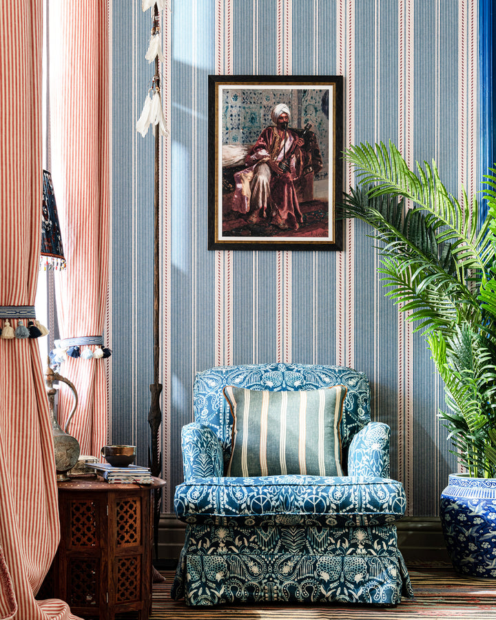 BERBER STRIPES Blue Wallpaper (WP20757) by Mind The Gap | WP20757 | TALES OF MAGHREB | 1 roll x 52x900 cm / 20.47x354.33in | 0.52m / 20.5in | 9m / 354in | 4.68sqm / 50sq ft | 52cm / 20.5in | Taupe, Blue, Red | Non-woven Textured | Paste the wall | 1-roll in a box | Fabric Carolina | https://www.fabriccarolina.com/