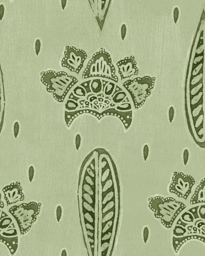 Bethel Batik Smoke Green Wallpaper by Mind the Gap Designer Wallpaper WOODSTOCK '69 LIFESTYLE COLLECTION Satin Matte Made in Europe Paste the wall 1 roll x 20.5 x 10.9 yards - Swanky Fabrics -
