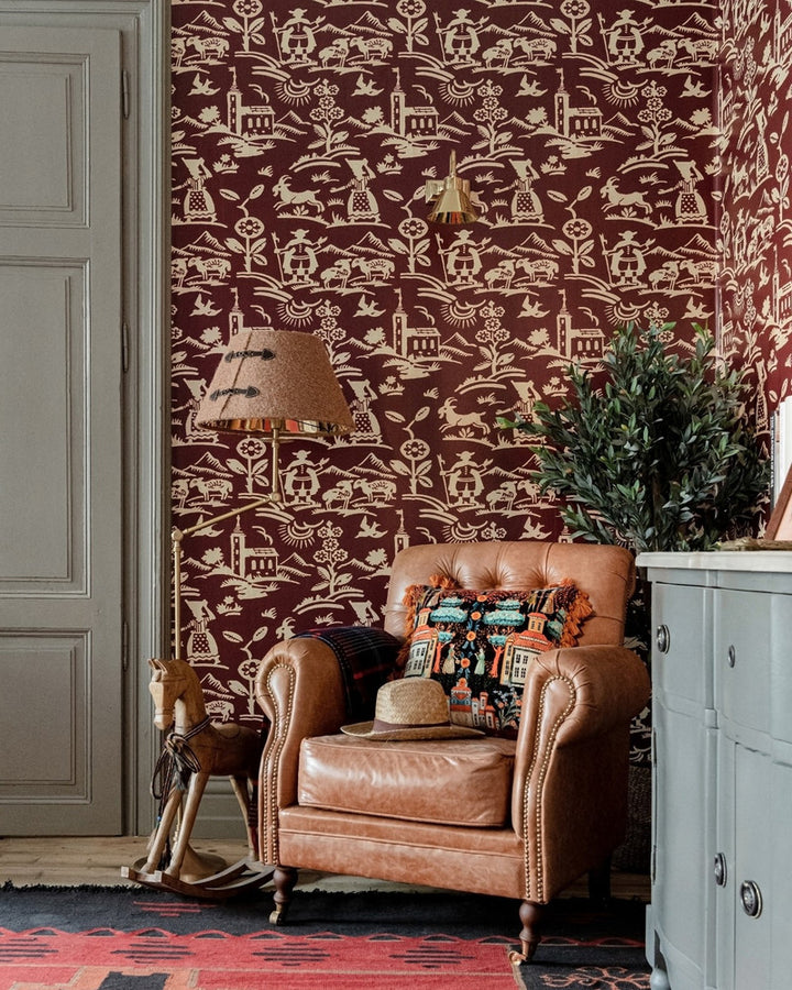 Brixen Maroon Wallpaper by Mind the Gap Designer Wallpaper TYROL APRES-SKI HOME COLLECTION Satin Matte Made in Europe Paste the wall 1 roll x 20.5 x 10.9 yards - Swanky Fabrics -