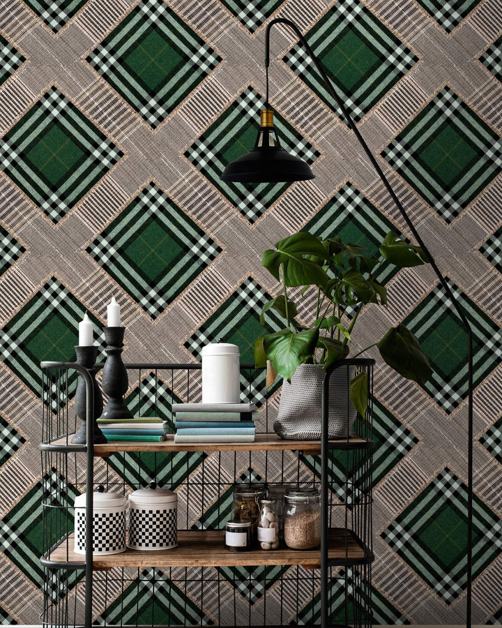 Checkered Patchwork British Green wallpaper by Mind the Gap (WP20389), view 2