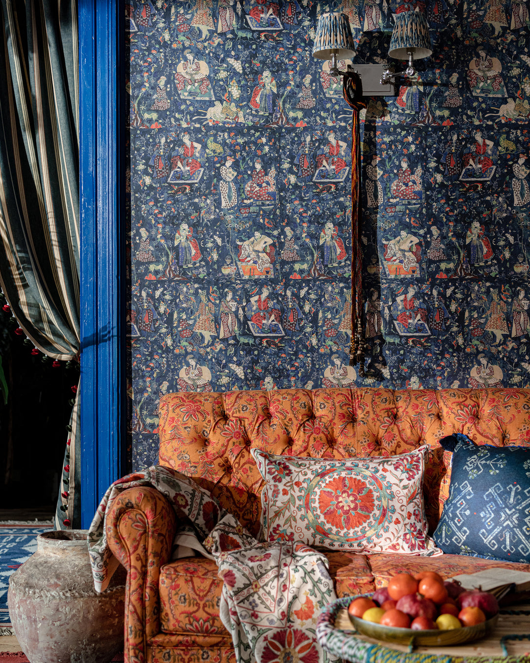 CARNIVAL OF MAGHREB Wallpaper (WP20743) by Mind The Gap | WP20743 | TALES OF MAGHREB | 1 roll x 52x900 cm / 20.47x354.33in | 0.52m / 20.5in | 9m / 354in | 4.68sqm / 50sq ft | 110cm / 43.3in | Taupe, Green, Red, Indigo | Non-woven Textured | Paste the wall | 1-roll in a box | Fabric Carolina | https://www.fabriccarolina.com/