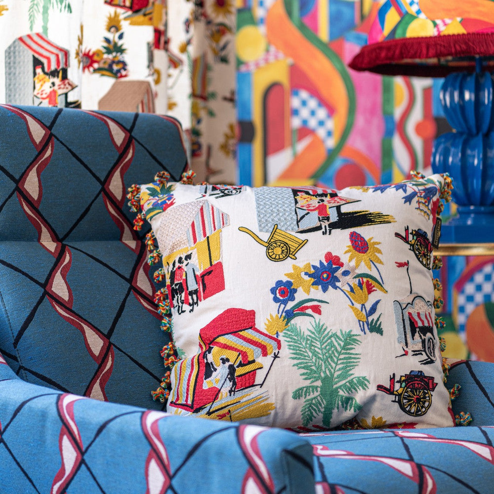 Carretto Del Cibo Embroidered Cushion by Mind the Gap Designer Pillow LA DOLCE VITA 77% Linen, 23% Cotton Made in Romania Embroidered fabric and fringes all around 20 x 20 in - Swanky Fabrics -