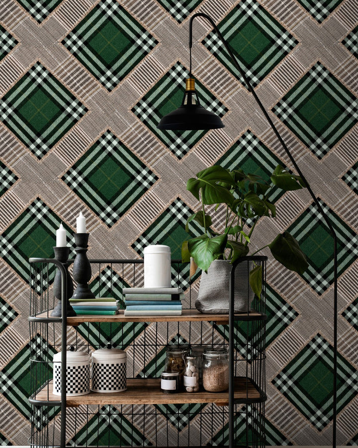 Checkered Patchwork British Green Wallpaper by Mind the Gap Designer Wallpaper THE WALLPAPER COLLECTABLES Textured Matte Made in Europe Paste the wall 3 rolls x 20.5 x 3.25 yards - Swanky Fabrics -