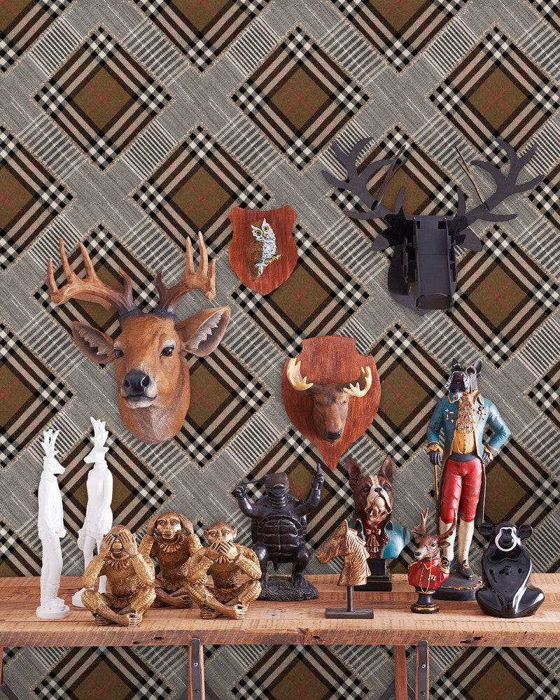 Mind The Gap Wallpaper CHECKERED PATCHWORK Mid Brown Wallpaper (WP20390) | WP20390 | THE WALLPAPER COLLECTABLES | 3 rolls x 20.5 x 118.1 in | 0.52m / 20.5in | 3m / 118in | 4.65mp | 52cm / 20.5in | Black, Brown | Textured Matte | Paste the wall | 3-rolls in a box | Fabric Carolina | https://www.fabriccarolina.com/