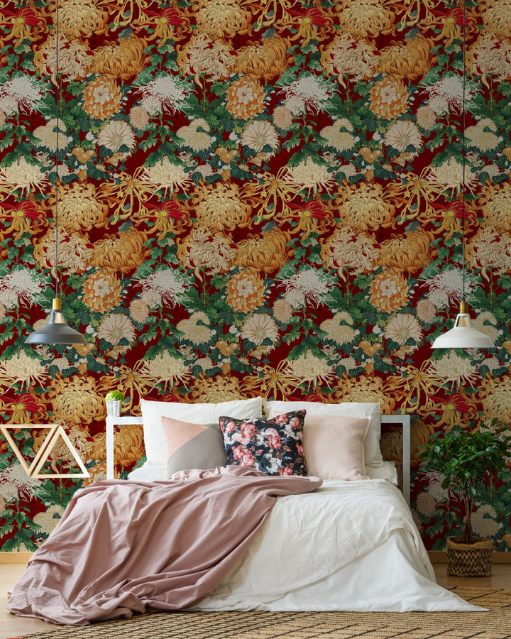 Chrysanthemums Wallpaper by Mind the Gap Designer Wallpaper THE WALLPAPER COLLECTABLES Textured Matte Made in Europe Paste the wall 3 rolls x 20.5 x 3.25 yards - Swanky Fabrics -