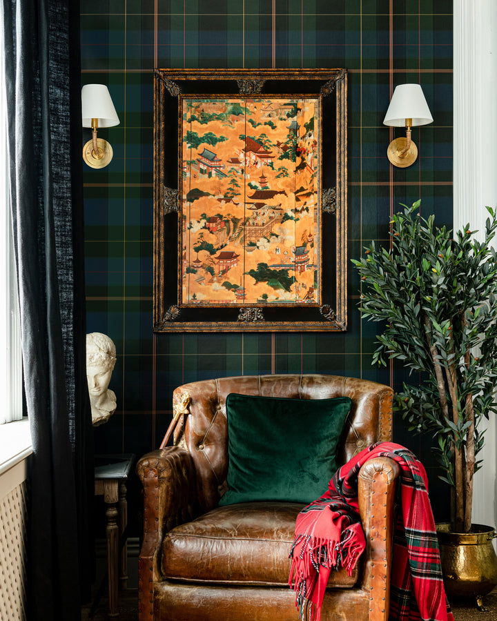 EQUESTRIAN PLAID Burgundy Wallpaper (WP30108) by Mind The Gap | WP30108 | THE DERBY | 1 roll x 52x1000 cm / 20.5x393.7 in | 0.52m / 20.5in | 10m / 393.7in | 5.20sqm / 55.9sq ft | 50cm / 19.6in | Green, Yellow, Red, Brown | Non-woven Satin | Paste the wall | 1-roll in a box | Fabric Carolina | https://www.fabriccarolina.com/