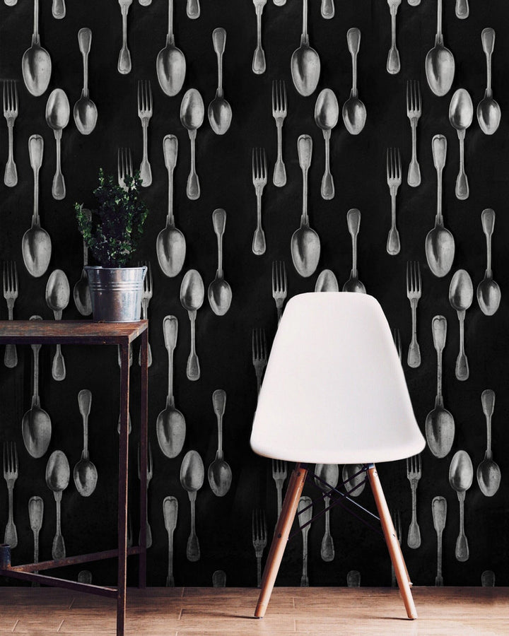 Cutlery Silver by Mind the Gap Designer Wallpaper PREMIUM DESIGNER WALLPAPER COLLECTION Non-woven Made in Europe Paste the wall 3 rolls x 20.5 x 3.25 yards - Swanky Fabrics -