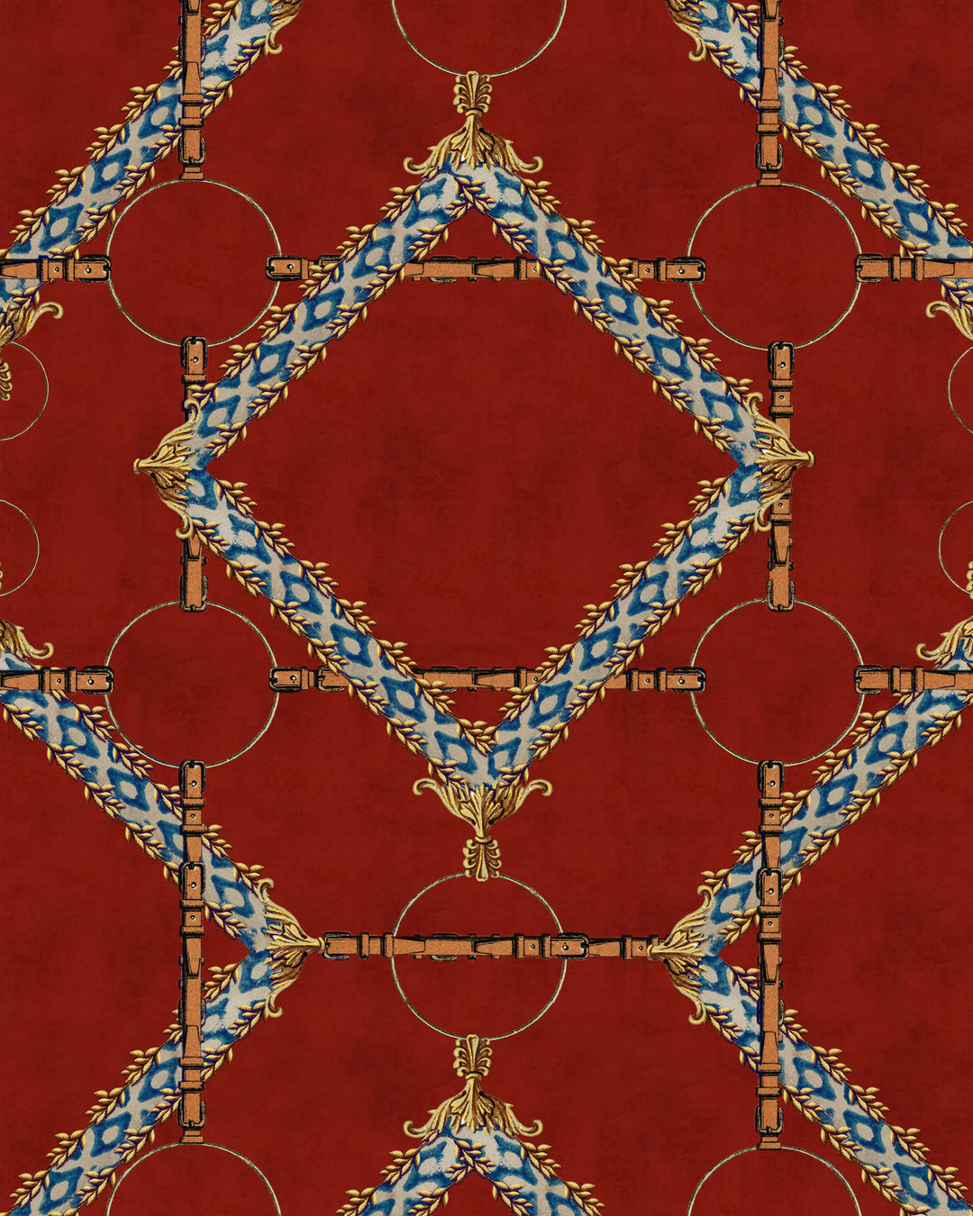 DECORATIVE HARNESS Burgundy Wallpaper (WP30106) by Mind The Gap | WP30106 | THE DERBY | 1 roll x 52x1000 cm / 20.5x393.7 in | 0.52m / 20.5in | 10m / 393.7in | 5.20sqm / 55.9sq ft | 50cm / 19.6in | Blue, Yellow, Red, Brown | Non-woven Satin | Paste the wall | 1-roll in a box | Fabric Carolina | https://www.fabriccarolina.com/