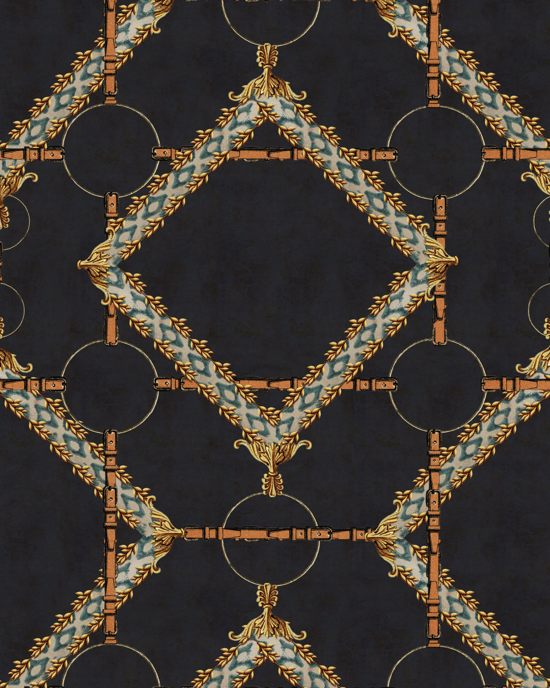DECORATIVE HARNESS Anthracite Wallpaper (WP30107) by Mind The Gap | WP30107 | THE DERBY | 1 roll x 52x1000 cm / 20.5x393.7 in | 0.52m / 20.5in | 10m / 393.7in | 5.20sqm / 55.9sq ft | 50cm / 19.6in | Blue, Yellow, Anthracite, Brown | Non-woven Satin | Paste the wall | 1-roll in a box | Fabric Carolina | https://www.fabriccarolina.com/