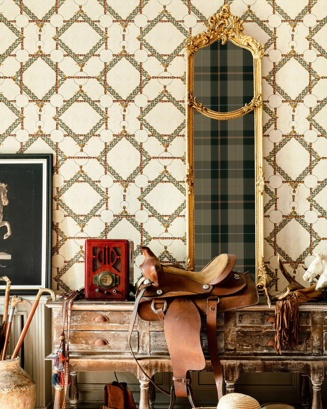 Decorative Harness Taupe wallpaper by Mind the Gap (WP30105), room setting 1