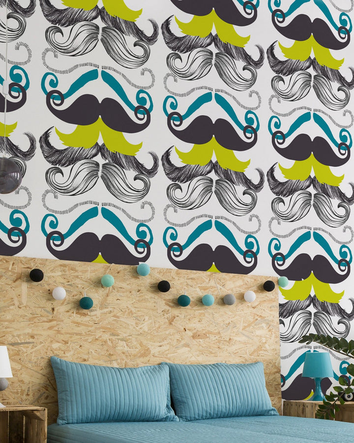 Mind The Gap Wallpaper DIFFERENT MOUSTACHES Premium Wallpaper (WP20089) | WP20089 | WALLPAPER DESIGNER COLLECTION | 3 rolls x 20.5 x 118.1 in | 0.52m / 20.5in | 3m / 118in | 4.65mp | 52cm / 20.5in | Black, Blue, Green, White | Non-woven | Paste the wall | 3-rolls in a box | Fabric Carolina | https://www.fabriccarolina.com/