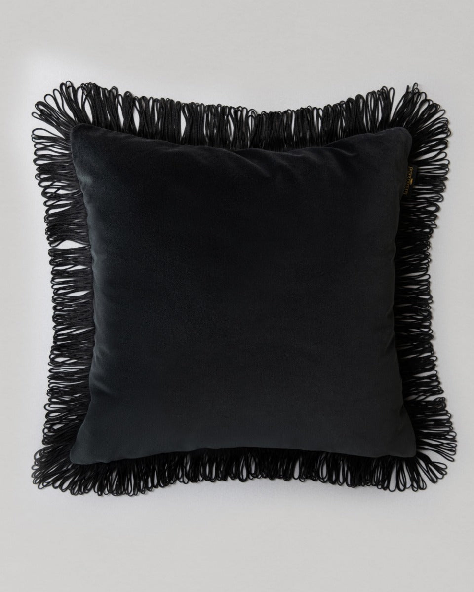CHARCOAL Velvet Cushion (LC40234) by Mind The Gap | LC40234 | JAZZ LIVE | 50 x 50 cm | Black | Black fringes | Duck feather | Cotton velvet | Fabric Carolina | https://www.fabriccarolina.com/