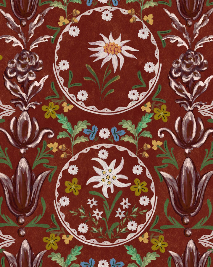Mind The Gap Wallpaper EDELWEISS Burgundy Wallpaper (WP20694) | WP20694 | TYROL APRES-SKI HOME COLLECTION | 3 rolls x 20.5 x 118.1 in | 0.52m / 20.5in | 3m / 118in | 4.65mp | 52cm / 20.5in | Burgundy, Green, Red, Yellow | Textured Matte | Paste the wall | 3-rolls in a box | Fabric Carolina | https://www.fabriccarolina.com/