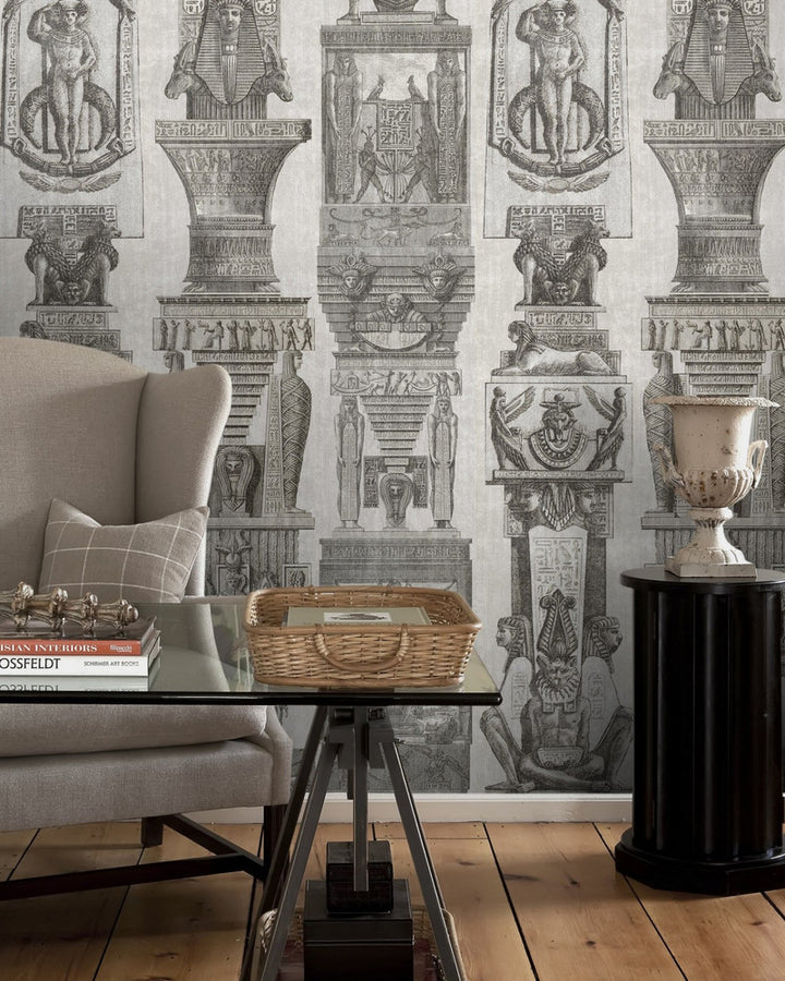 Mind The Gap Wallpaper EGYPTIAN COLUMNS (WP20192) | WP20192 | PREMIUM DESIGNER WALLPAPER COLLECTION | 3 rolls x 20.5 x 118.1 in | 0.52m / 20.5in | 3m / 118in | 4.65mp | 300cm / 118in | Grey, Taupe | Non-woven | Paste the wall | 3-rolls in a box | Fabric Carolina | https://www.fabriccarolina.com/