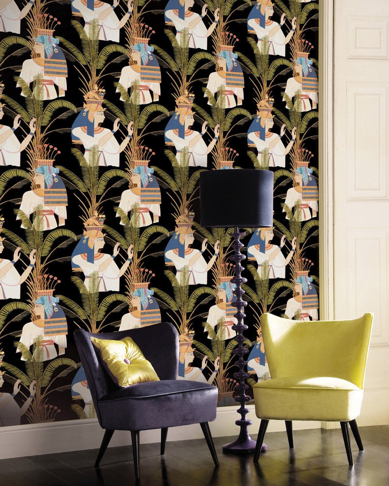 Mind The Gap Wallpaper EGYPTIAN QUEENS Anthracite (WP20266) | WP20266 | PREMIUM DESIGNER WALLPAPER COLLECTION | 3 rolls x 20.5 x 118.1 in | 0.52m / 20.5in | 3m / 118in | 4.65mp | 80cm / 31.4in | Black, Blue, Green, Red | Non-woven | Paste the wall | 3-rolls in a box | Fabric Carolina | https://www.fabriccarolina.com/