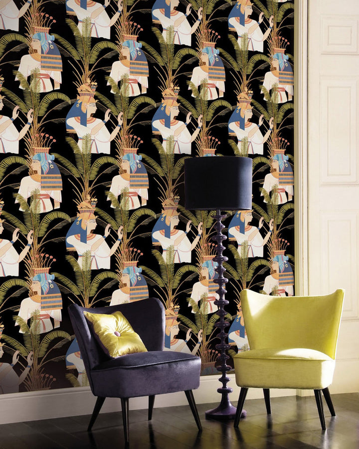 Mind The Gap Wallpaper EGYPTIAN QUEENS Anthracite (WP20266) | WP20266 | PREMIUM DESIGNER WALLPAPER COLLECTION | 3 rolls x 20.5 x 118.1 in | 0.52m / 20.5in | 3m / 118in | 4.65mp | 80cm / 31.4in | Black, Blue, Green, Red | Non-woven | Paste the wall | 3-rolls in a box | Fabric Carolina | https://www.fabriccarolina.com/