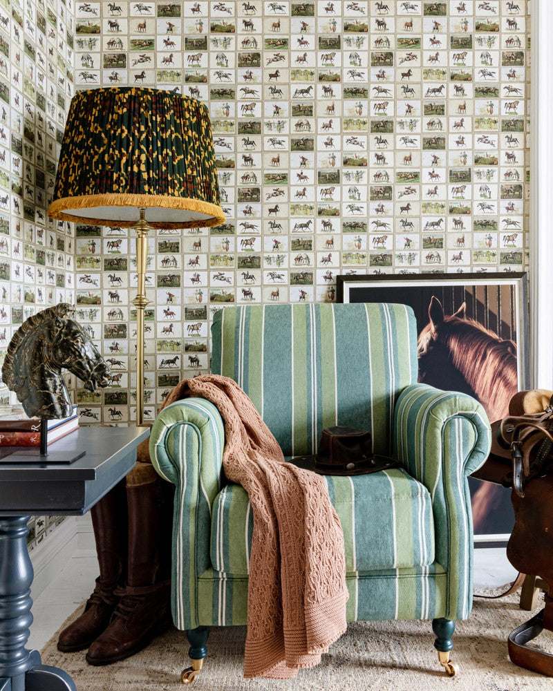 English Equestrian Stamps Wallpaper by Mind the Gap Designer Wallpaper THE WALLPAPER COMPENDIUM 2 Satin Matte Made in Europe Paste the wall 3 rolls x 20.5 x 3.25 yards - Swanky Fabrics -