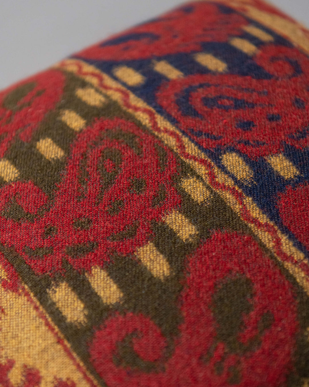 ERZSEBET cushion (LC40274) by Mind The Gap | LC40274 | TRANSYLVANIAN RHAPSODY | 50 x 50 cm / 20 x 20 in | Taupe, Blue, Red, Brown | Tasseled corners | Duck feather | 27% Acrylic, 32% Cotton, Other Fibers | Fabric Carolina | https://www.fabriccarolina.com/