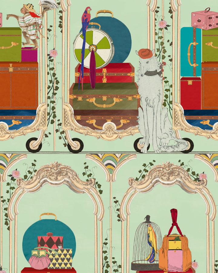 Fancy Trip Turquoise Wallpaper by Mind the Gap Designer Wallpaper ORIENT EXPRESS Non-woven Made in Europe Paste the wall 1 roll x 20.47 x 9.8 yards - Swanky Fabrics -