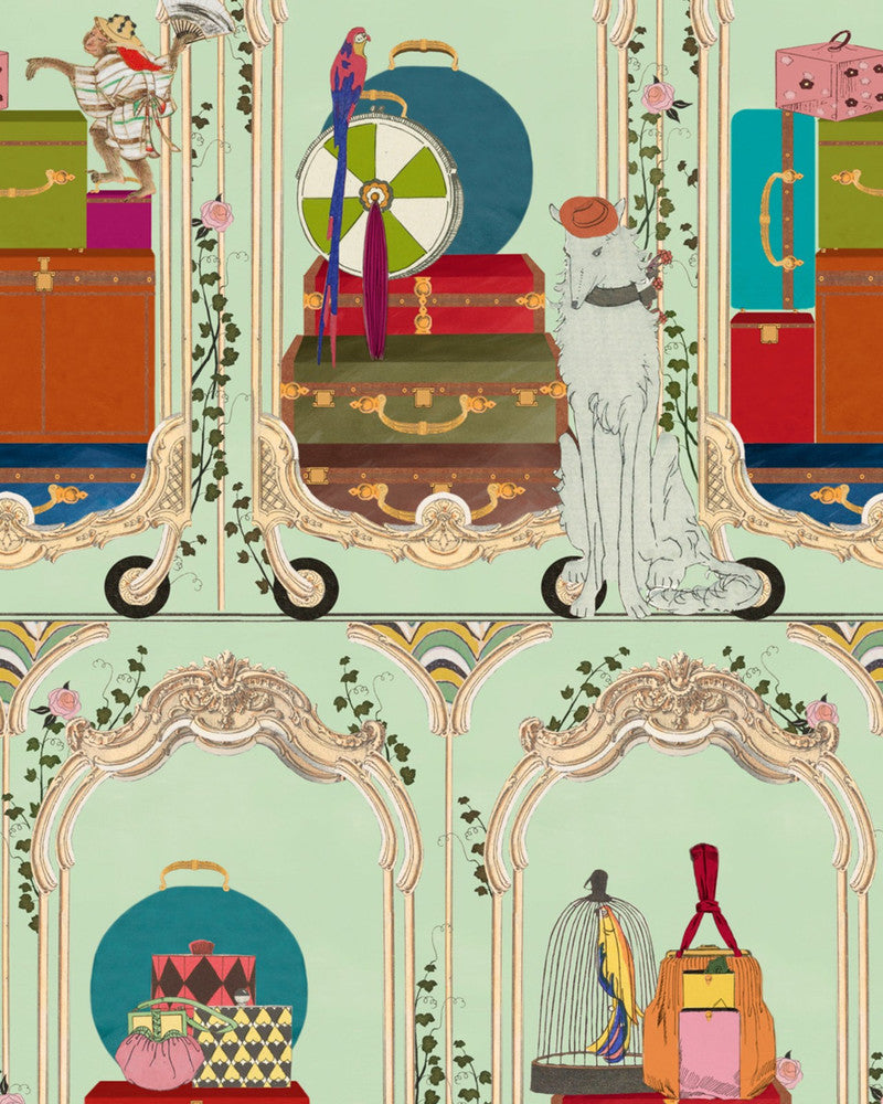 Fancy Trip Turquoise Wallpaper by Mind the Gap Designer Wallpaper ORIENT EXPRESS Non-woven Made in Europe Paste the wall 1 roll x 20.47 x 9.8 yards - Swanky Fabrics -