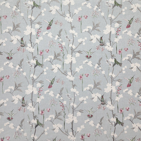 Hummingbird Gathering Spring by Carole Designer Fabric Misty Glen Base: 69% Cotton, 31% Polyester Embr: 100% Rayon India 18 1/2" V, 25" H 50"" - Swanky Fabrics -