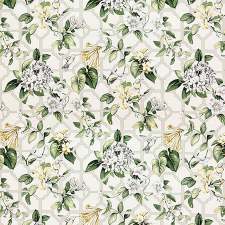 Bird Trellis Garden by Carole Designer Fabric Evergreen 100% Cotton Peru 27" V, 13 1/2" H HD 54" - Swanky Fabrics -