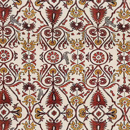 Bird Gathering Cinnabar by Carole Designer Fabric Dawn & Dusk 75% Cotton, 25% Linen Pakistan 32" V, 27" H 54" - Swanky Fabrics -