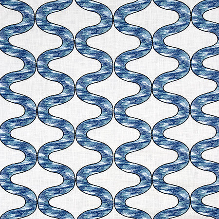 Curves Ahead Ocean by Carole Designer Fabric Go West Base 90% Polyester, 10% Linen Embr 100% Spun Polyester N/A 5 1/8" V, 8" H 51 1/2*" - Swanky Fabrics -