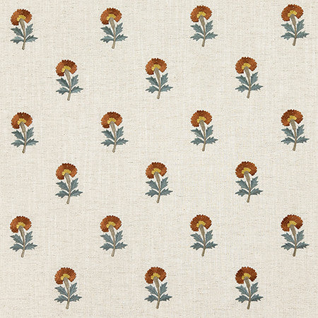 Basket Flower Persimmon by Carole Designer Fabric Dawn & Dusk Base: 82% Polyester, 11% Cotton, 7% Linen, Embr: 100% Rayon India 6 1/4" V, 2 5/8" H HD 53" - Swanky Fabrics -