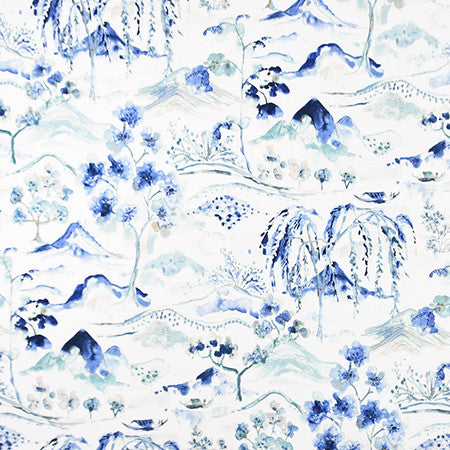 A Day Off Indigo by Carole Designer Fabric Bluebell 100% Cotton Spain 30,000 Wyzenbeek Double Rubs 27" V, 13 1/2" H HD 54" - Swanky Fabrics -