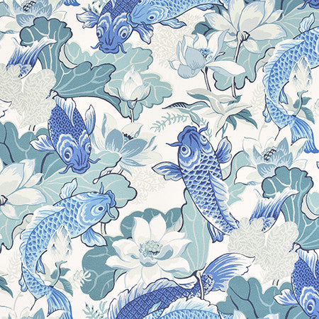 Playing Koi Nile Blue by Carole Designer Fabric Bluebell 100% Cotton-SSR Spain 36" V, 27" H HD 54" - Swanky Fabrics -