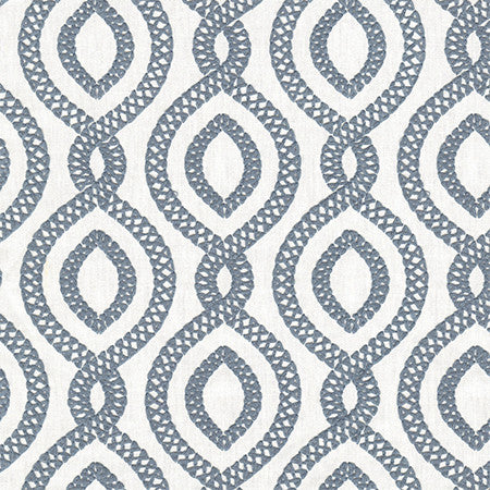 Historic District Sky by Carole Designer Fabric Making Waves Base: 68% Polyester, 21% Linen, 11% Cotton Embr: 100% Polyester 51,000 Wyzenbeek Double Rubs 6 1/4" V, 3 1/4" H HD 54" - Swanky Fabrics -