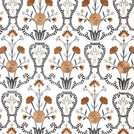 Delicate Heart Cayenne by Carole Designer Fabric Sunset Serenade Base: 100% Cotton Embr:71% Cotton, 21% Viscose,8% Polyester India 30 1/4" V, 9" H HD 50"" - Swanky Fabrics -