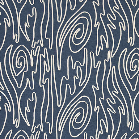 Twist About Dark Denim by Carole Designer Fabric Muse 65% Cotton, 35% Recycled Polyester India 16,500 Wyzenbeek Double Rubs 18 1/4" V, 25 1/2" H 51" - Swanky Fabrics -