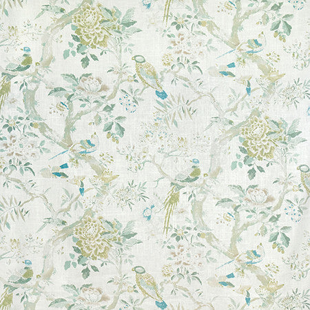 Charming Bird Lagoon by Carole Designer Fabric English Garden 55% Linen, 45% Rayon 50,000 Wyzenbeek Double Rubs 35" V, 28" H HD 54" - Swanky Fabrics -