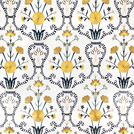 Delicate Heart Marigold by Carole Designer Fabric Blue Crush Base: 100% Cotton Embr:71% Cotton, 21% Viscose,8% Polyester India 30 1/4" V, 9" H HD 50"" - Swanky Fabrics -