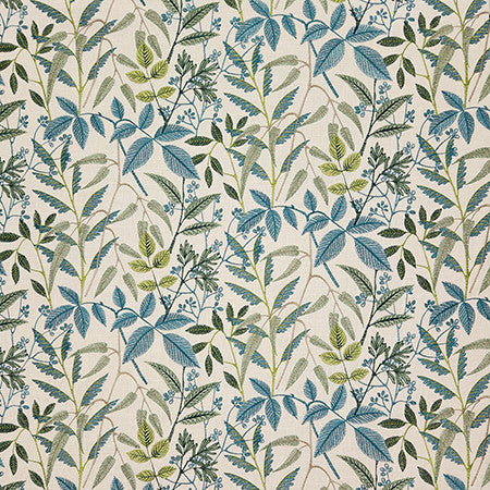 My Friends Teal by Carole Designer Fabric Dewdrop Base: 58% Cotton, 42% Polyester. Embr: 100% Rayon India 9,000 WYZENBEEK DOUBLE RUBS 12 1/2" V, 12 1/2" H HD 50" - Swanky Fabrics -